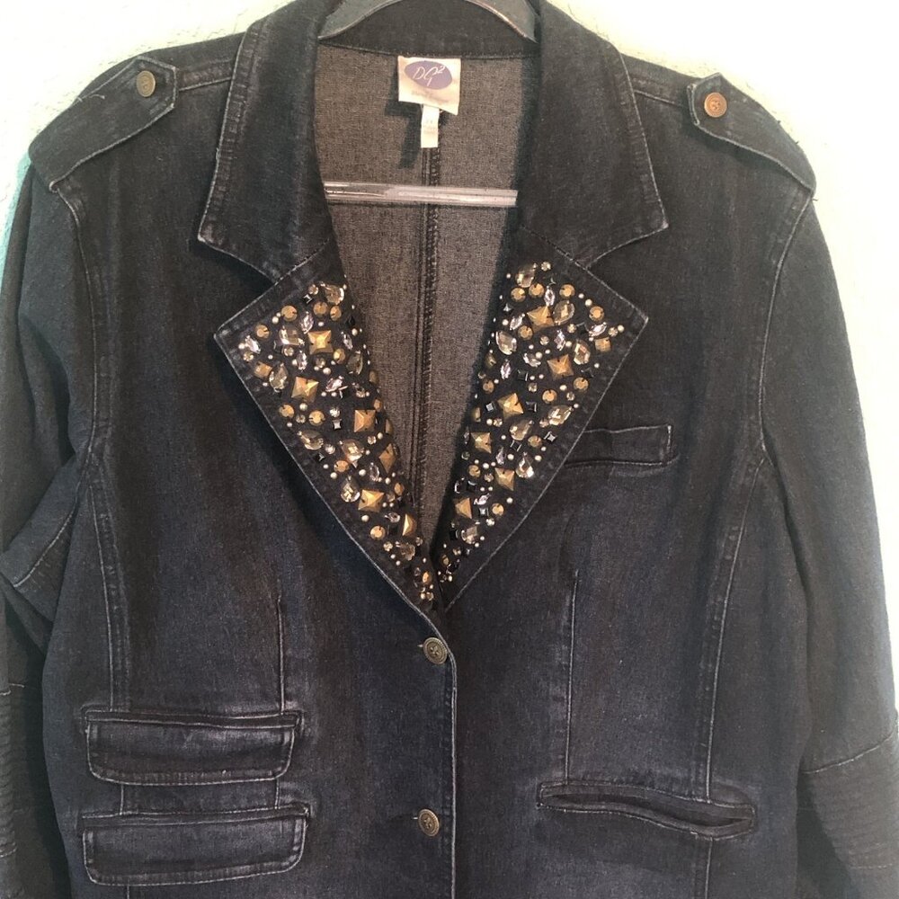 DG2 Diane Gilman Black Denim Blazer Jacket Size 2X Rhinestones Bejeweled Studded - Picture 2 of 12